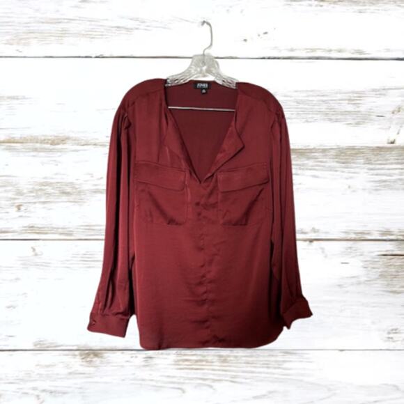 Jones New York Blouse Women's 1X Brick Red Button Up V-neckline Long Sleeves NWT - Picture 3 of 7